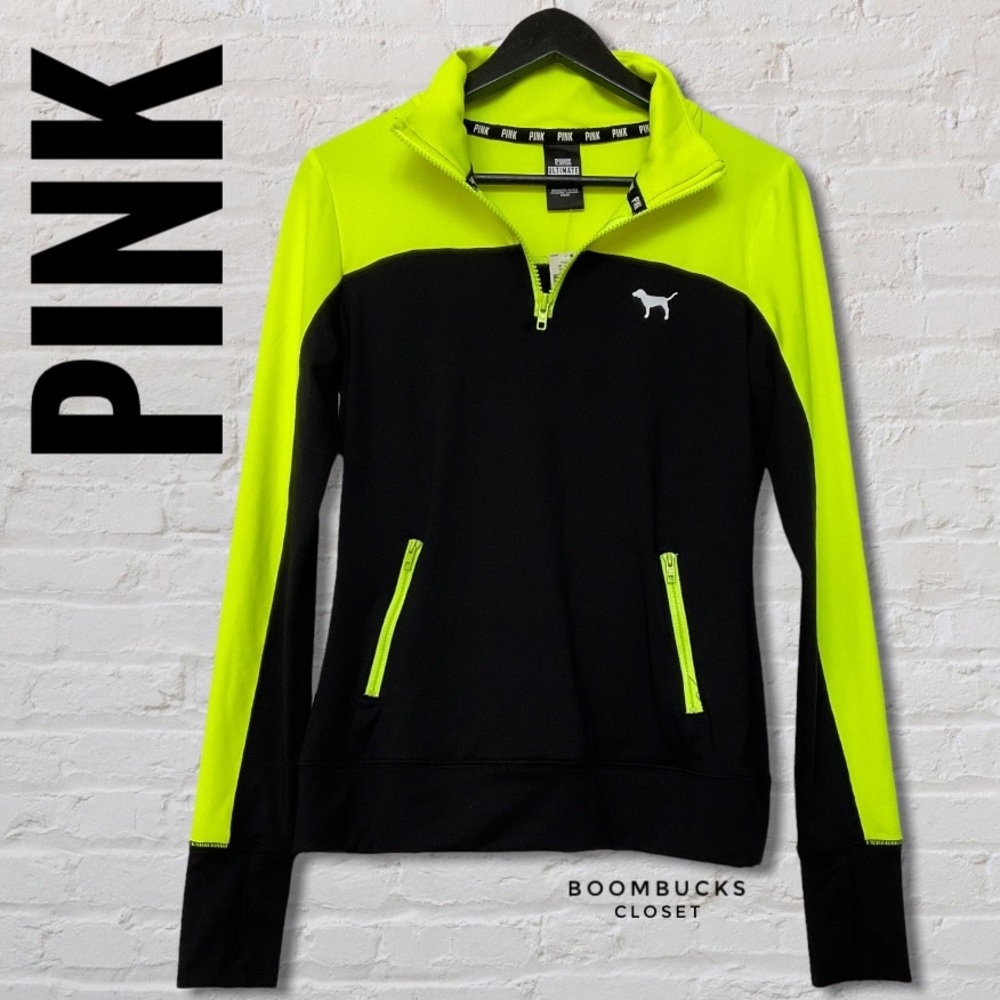 Pink Ultimate Sports Quarter Zip Long Sleeves Thumbhole Black Neon Yellow